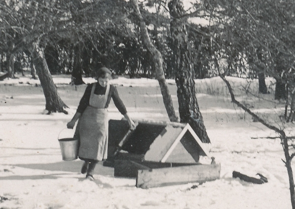 Vinter vid Frigges 339: Sigrid Pettersson, född Jakobsson år 1916, hämtar vatten i brunnen.